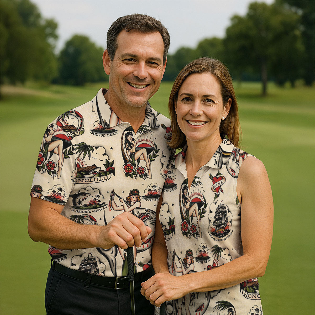Vintage Hawaiian Pin Up Shark Tattoo Golf Shirt, Hawaiian Golf Shirt, Mens Golf Apparel
