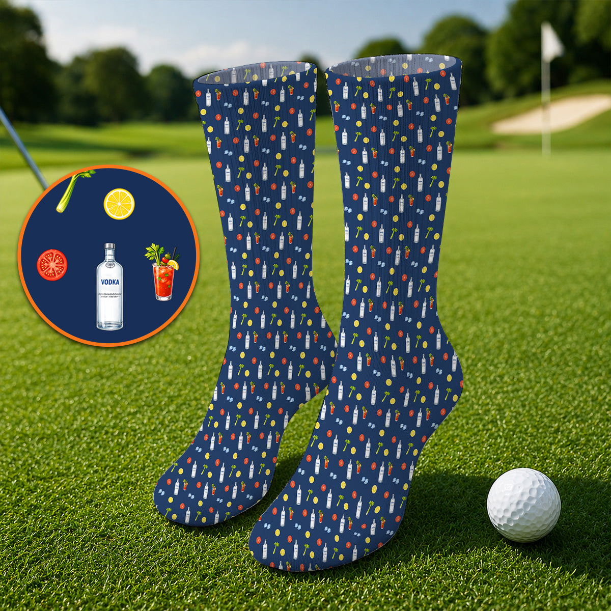 Bloody Mary Cocktail Golf Sock, Funny Golfer Drink Pattern Socks, Country Club Golf Apparel