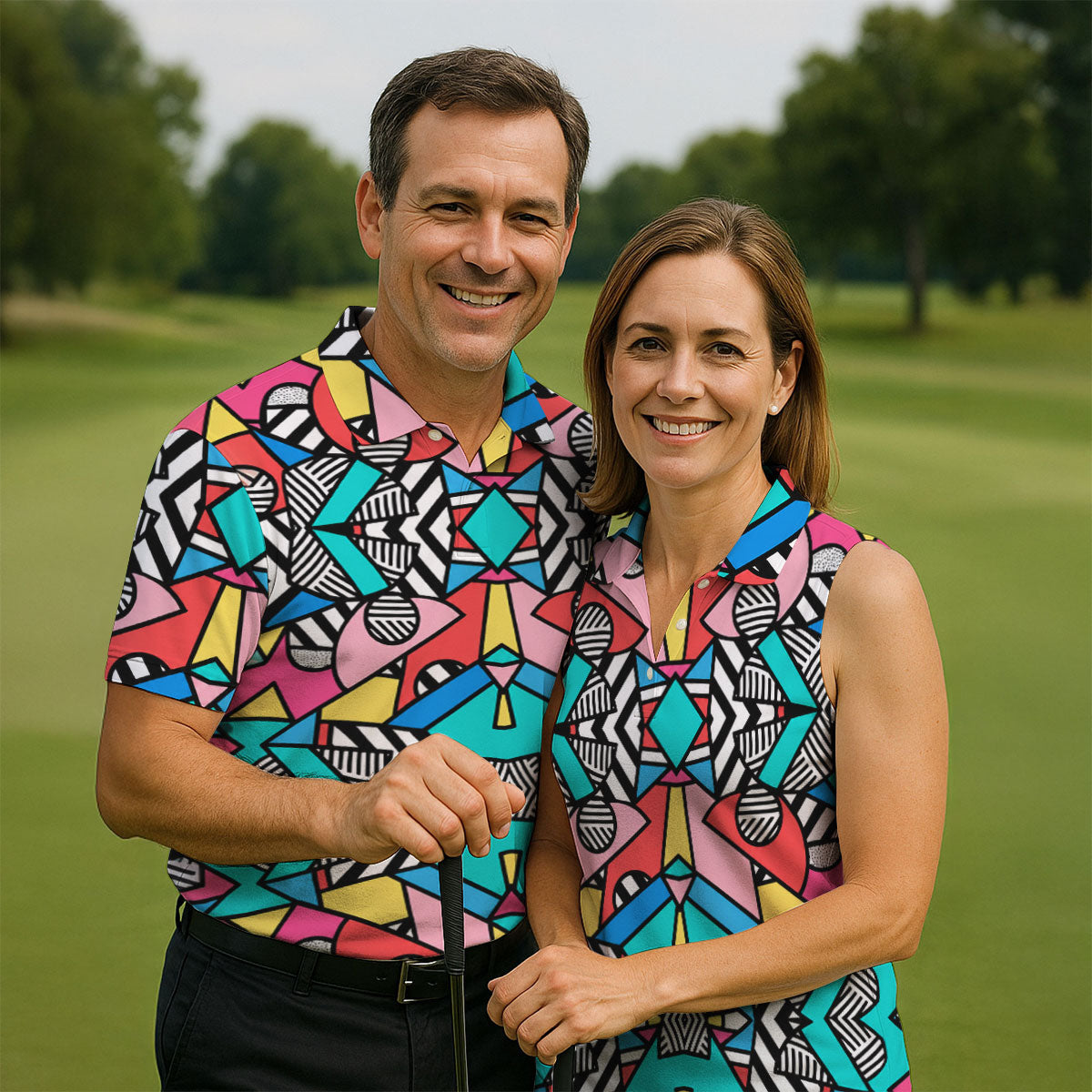 Abstract Geometric Pop Art Golf Polo Shirt, Men's Golf Shirt, Mens Golf Apparel