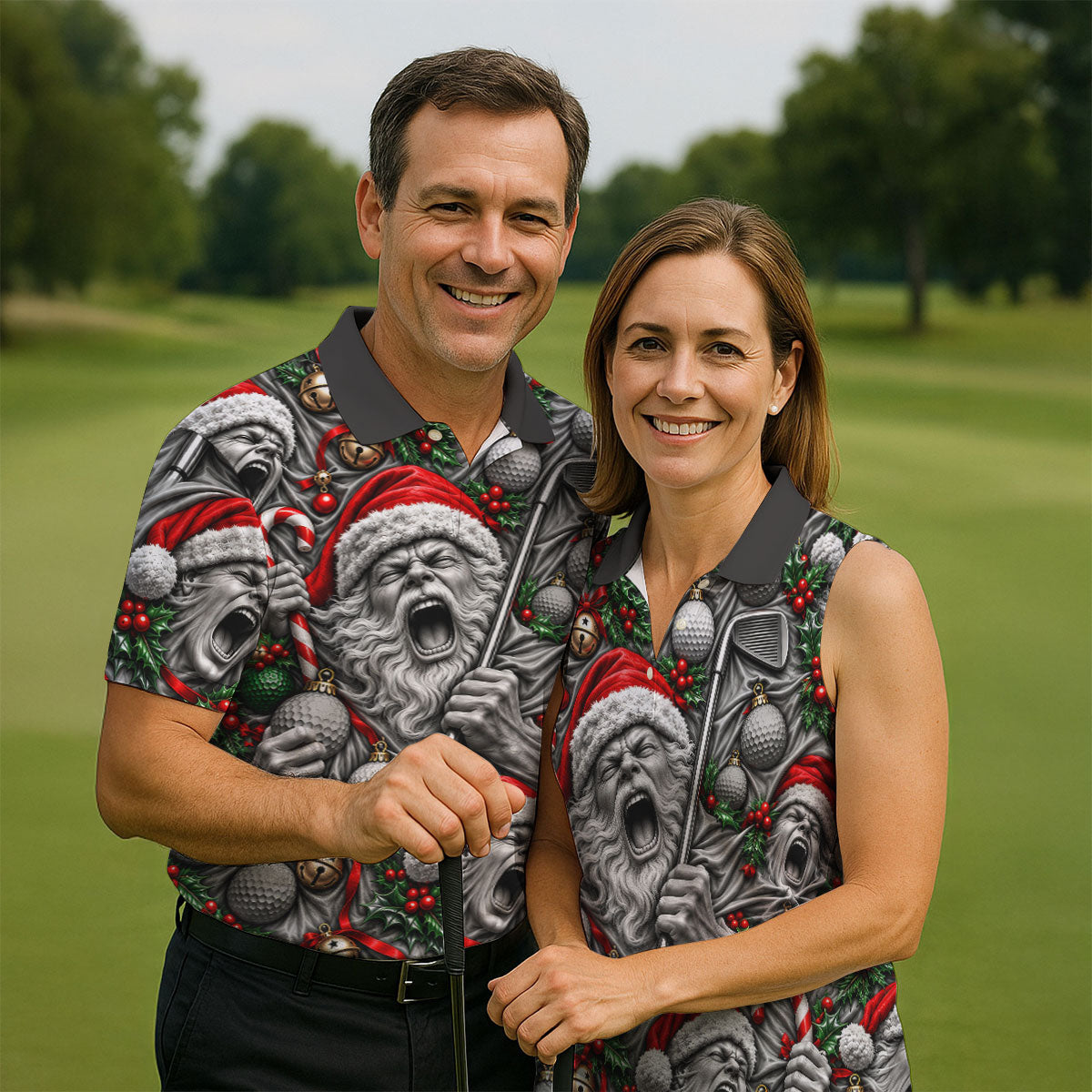 Screaming Santa Faces Christmas Golf Shirt, Mens Golf Polo, Golf Shirts For Men