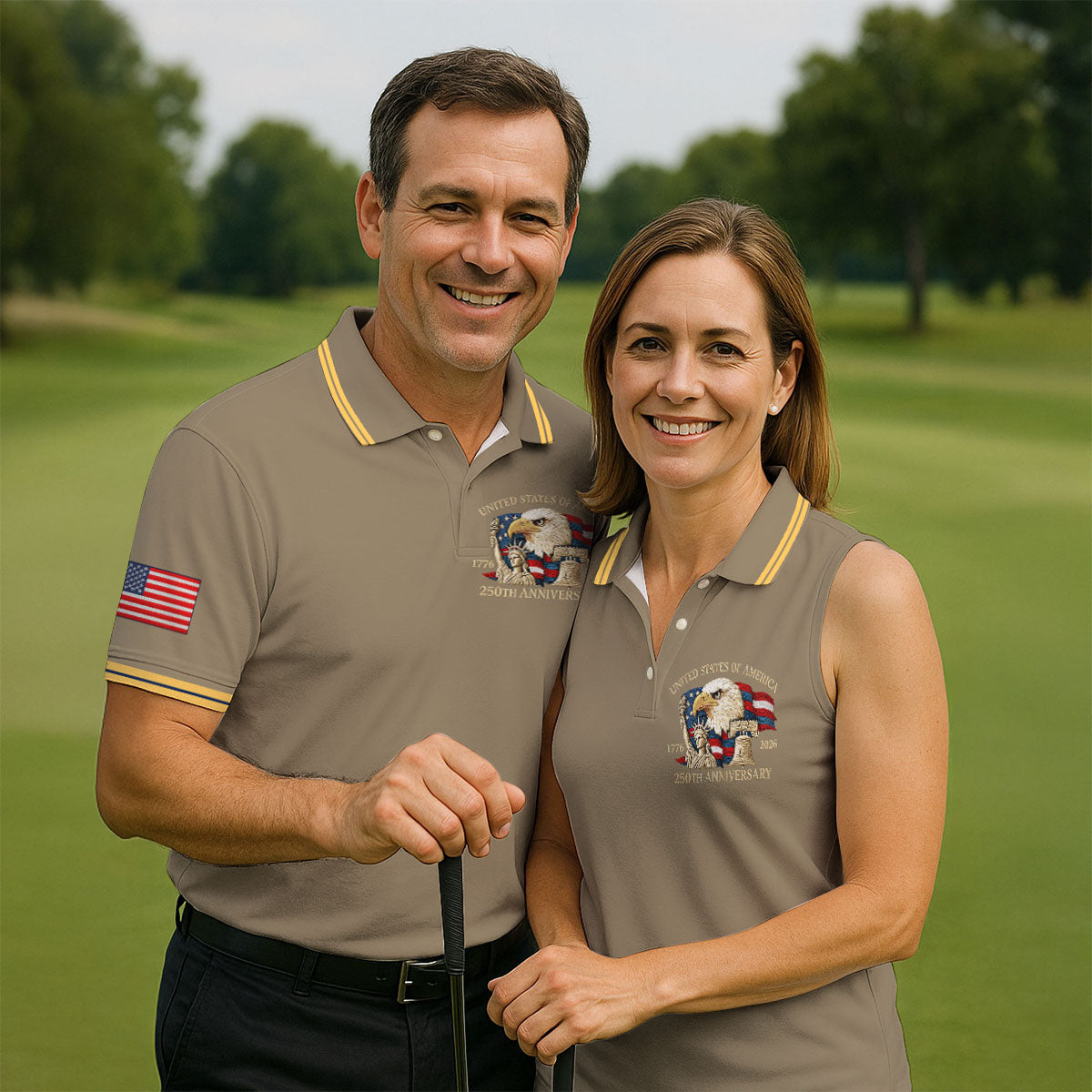 Bald Eagle American Flag 250 Years Sand Golf Shirt, Patriotic 4th Of July Golf Shirts For Men