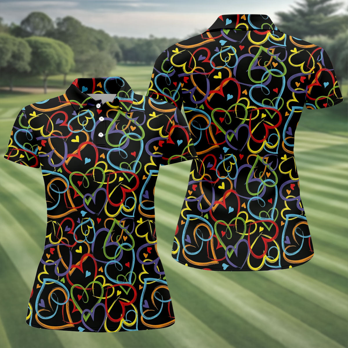 Colorful Heart Outline Pattern Golf Polo Shirt, Golf Shirts For Women, Ladies Golf Shirt