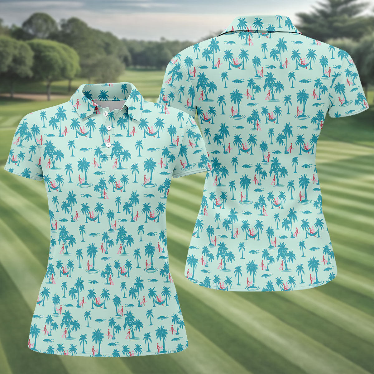 Funny Tropical Couple Beach Pattern Women's Golf Tops, Golf Tops For Women, Women’s Golf Apparel