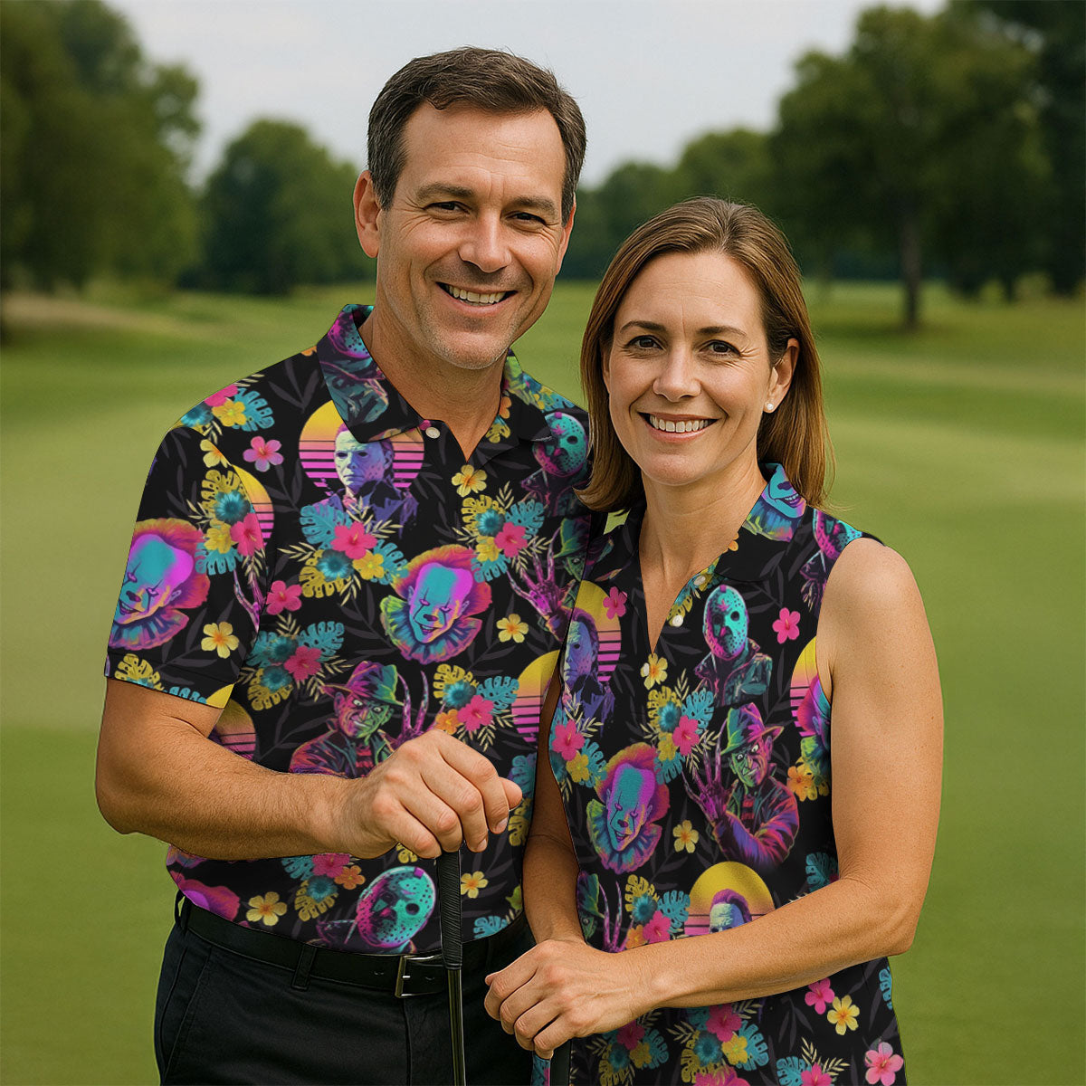 Neon Floral Halloween Horror Character Hawaiian Golf Shirt, Men's Golf Shirt, Mens Golf Polo