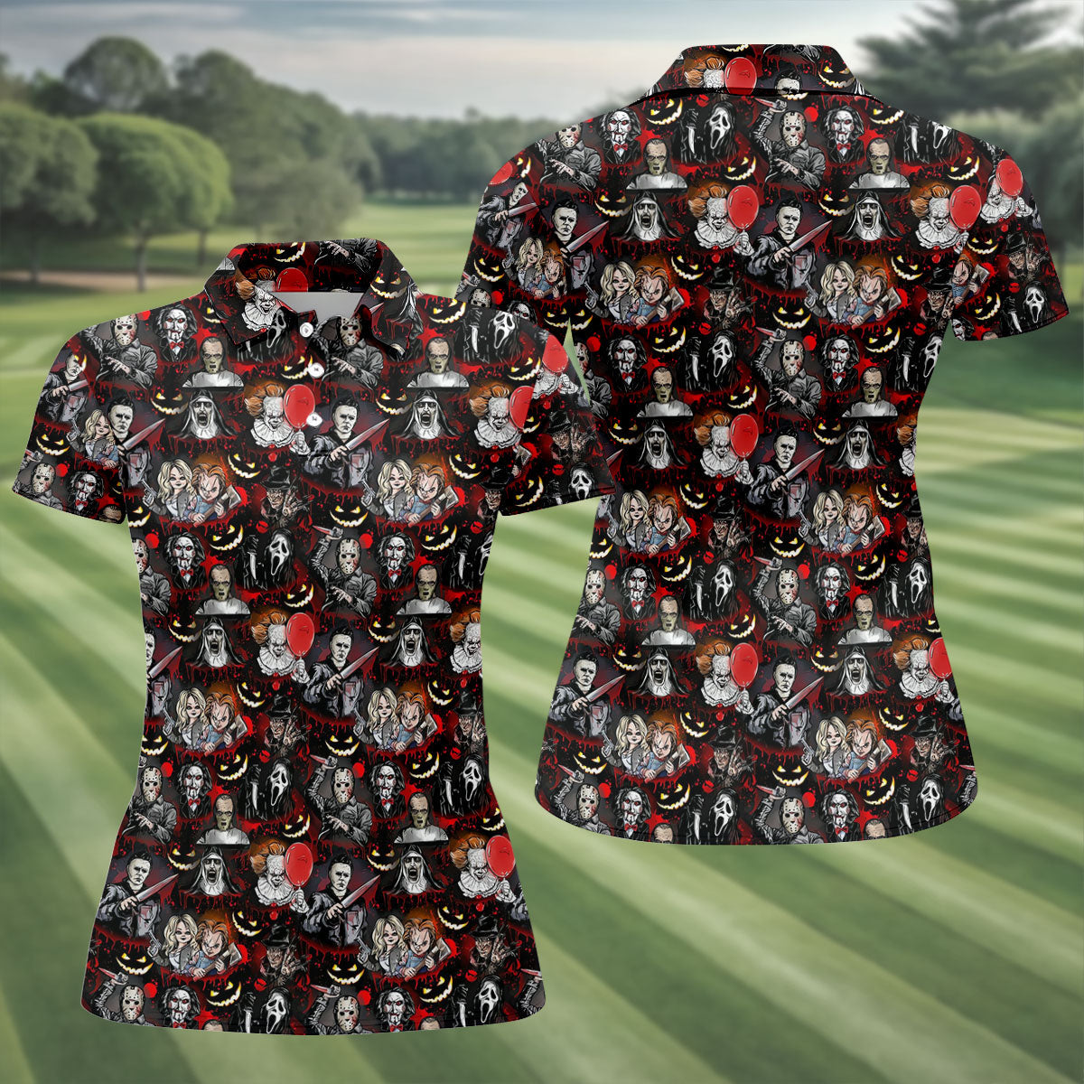 Horror Character Halloween Pattern Golf Polo Shirt, Womens Golf Polo, Ladies Golf Shirts
