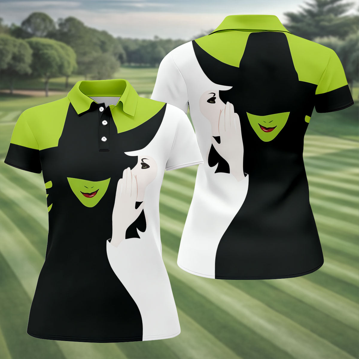 Green & White Witch Faces Halloween Golf Polo Shirt, Golf Tops For Women, Women's Golf Polo