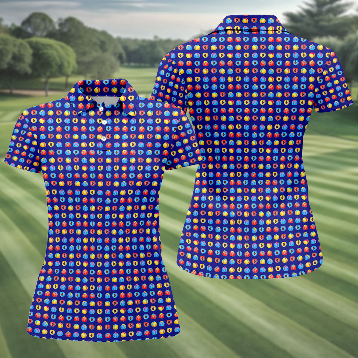 Funny Peach Emoji Pattern Golf Polo Shirt, Women's Golf Polo, Printed Golf Shirt