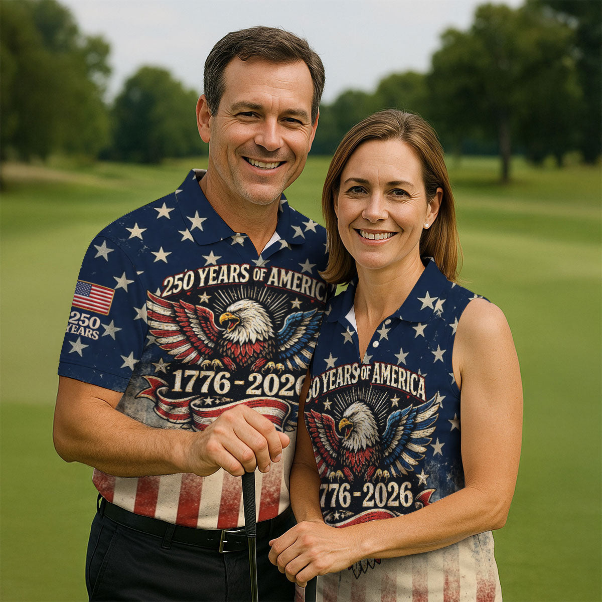 250 Years Bald Eagle US Flag Retro Golf Shirt, Patriotic 4th Of July Golf Shirts For Men