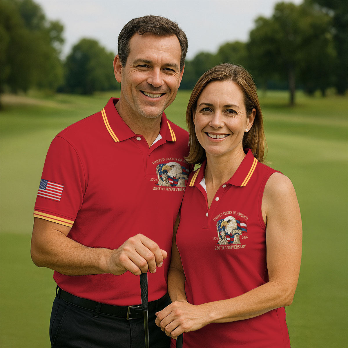 Bald Eagle American Flag 250 Years Red Golf Shirt, Patriotic 4th Of July Golf Shirts For Men