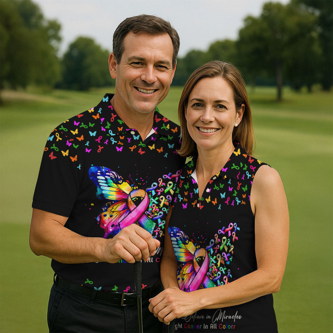 We Believe In Miracles Butterfly Breast Cancer Shirt, Mens Golf Polo, Printed Golf Shirts