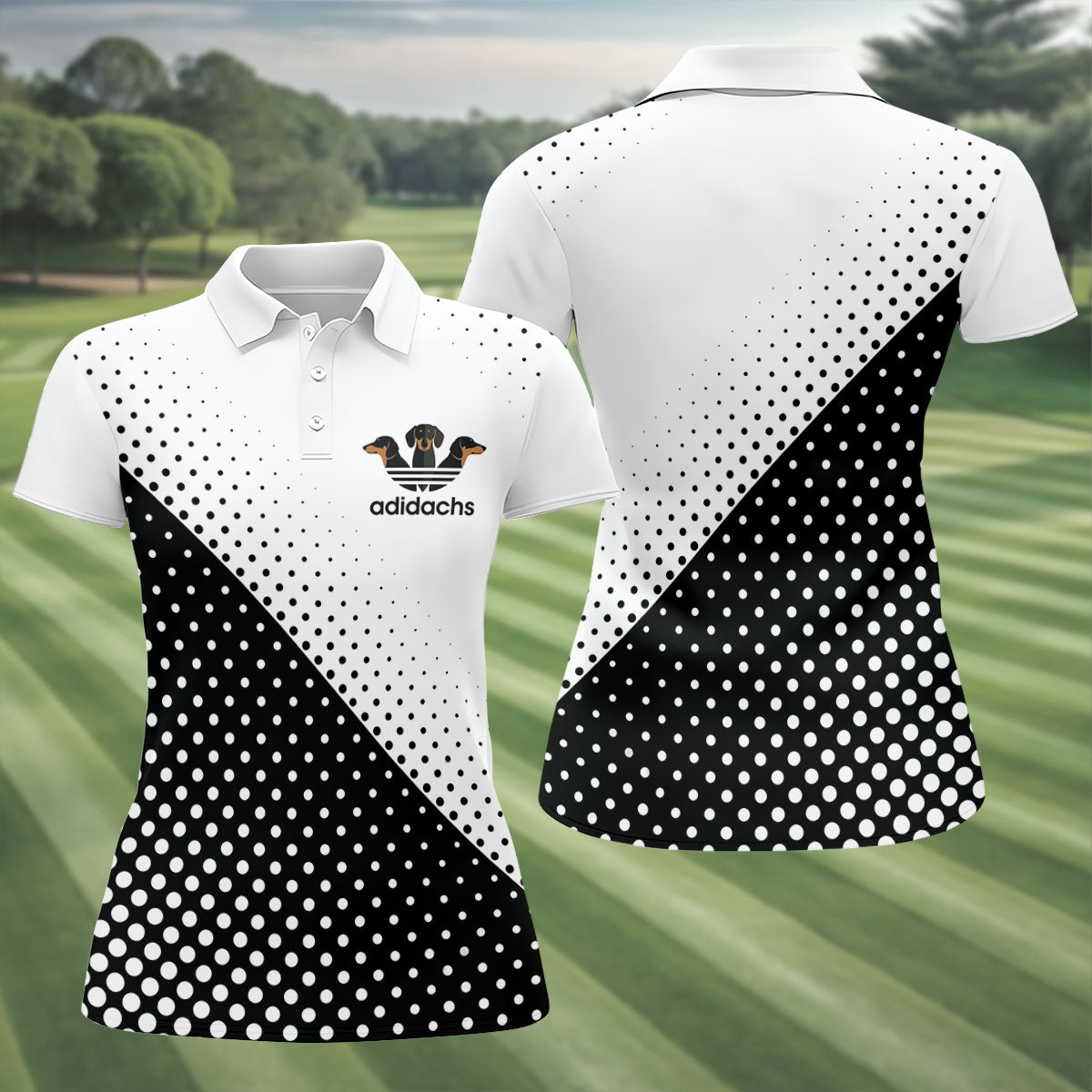 Adidachs Funny Dachshund White Golf Shirt, Fun Women's Golf Shirts, Ladies Golf Shirts