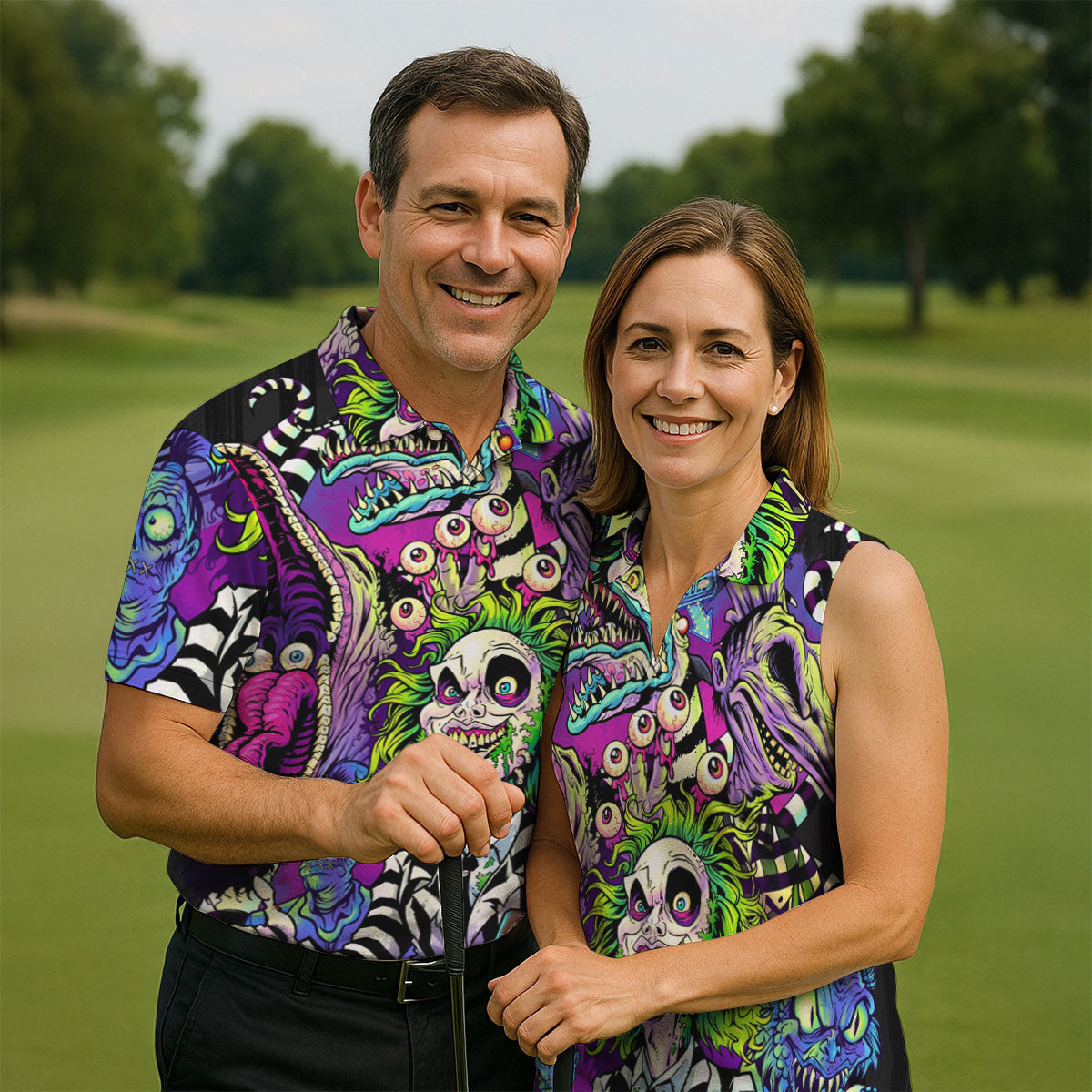 Neon Horror Character Monster Collage Golf Polo Shirt, Mens Polo Shirts, Golf Apparel For Men