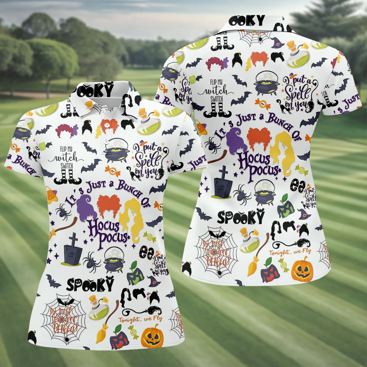 Halloween Witch Pattern Golf Polo Shirt, Golf Polo For Women, Womens Golf Apparel