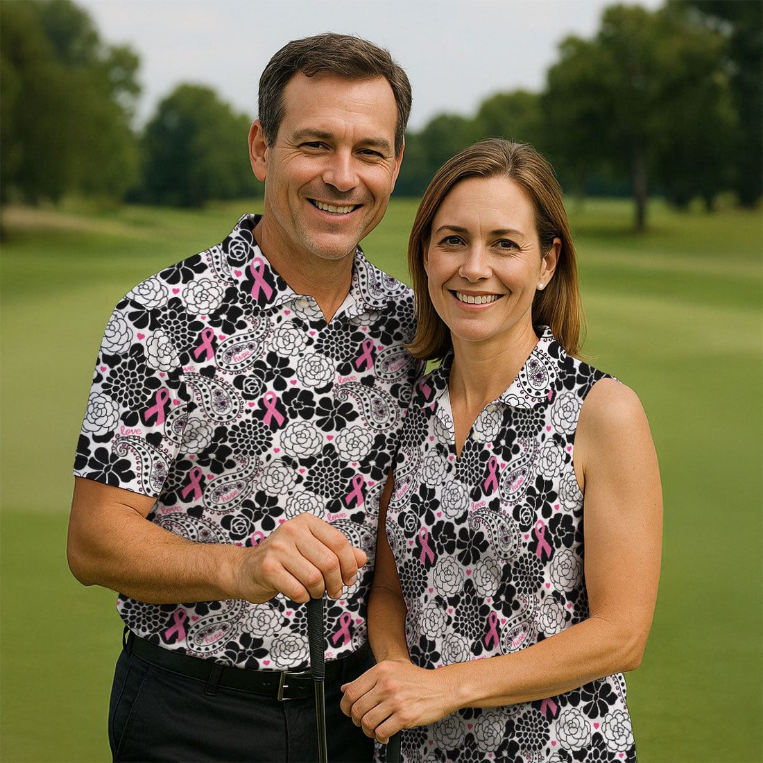 Pink Ribbon Floral Paisley Breast Cancer Golf Shirt, Mens Golf Polo, Printed Golf Shirts