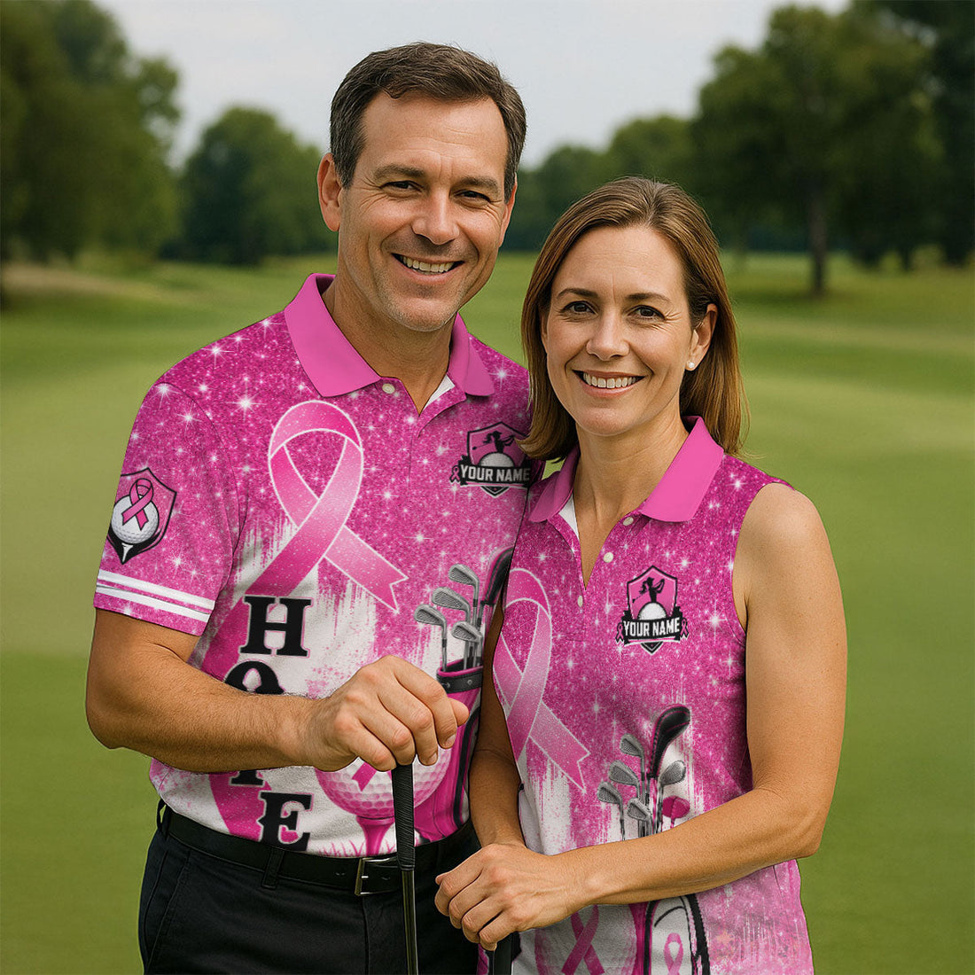 Custom Female Golfer Hope Breast Cancer Polo Shirt, Golf Shirts For Men, Mens Golf Apparel