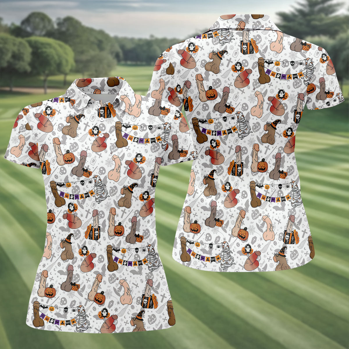 Funny Adult Halloween Pattern Hawaiian Polo Shirt, Women's Golf Tops, Women’s Golf Apparel