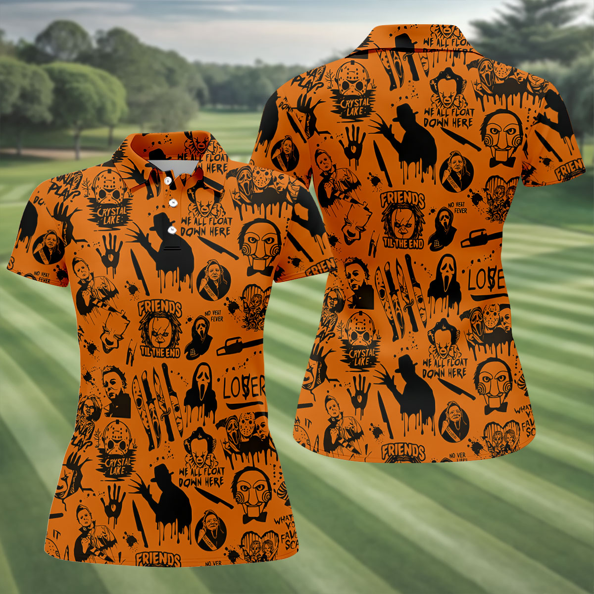 Orange Horror Character Icons Pattern Golf Polo Shirt for Halloween, Womens Golf Polo, Ladies Golf Shirts