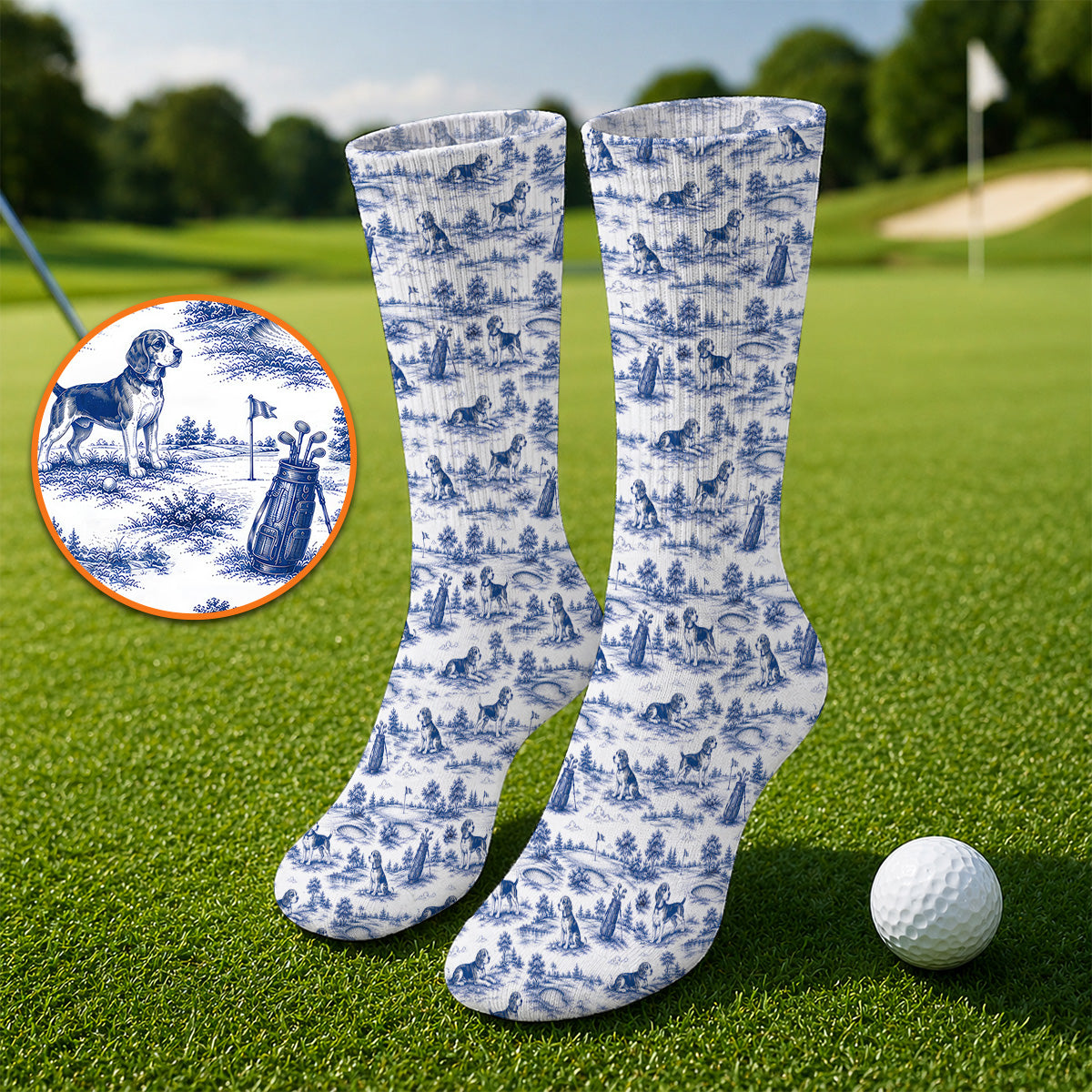 Beagle Toile De Jouy Golf Sock, Vintage Dog Pattern Golf Socks, Beagle Lover Golf Gift