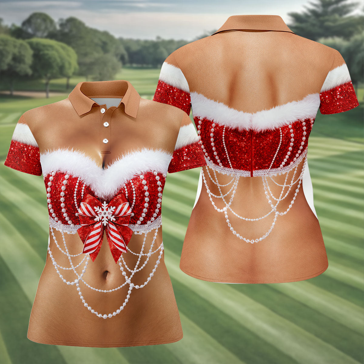 Sexy Santa Bra And Pearls Christmas Golf Shirt, Womens Golf Tops, Ladies Golf Shirts