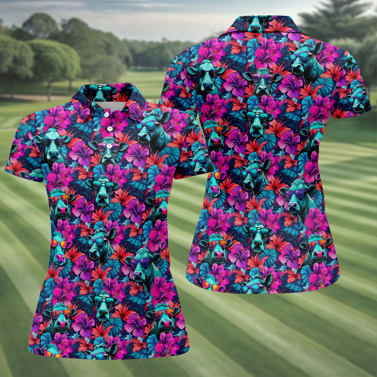 Funny Cow Wearing Sunglasses Tropical Golf Polo Shirt, Golf Shirts For Women, Women's Golf Apparel