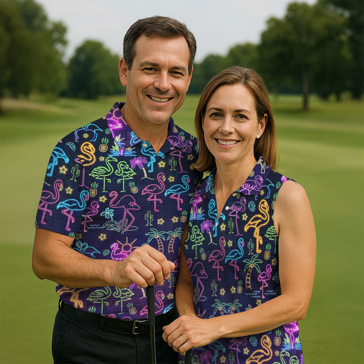 Neon Flamingo Tropical Night Golf Shirt, Golf Polo Shirts For Men, Hawaiian Golf Shirt, Mens Golf Apparel