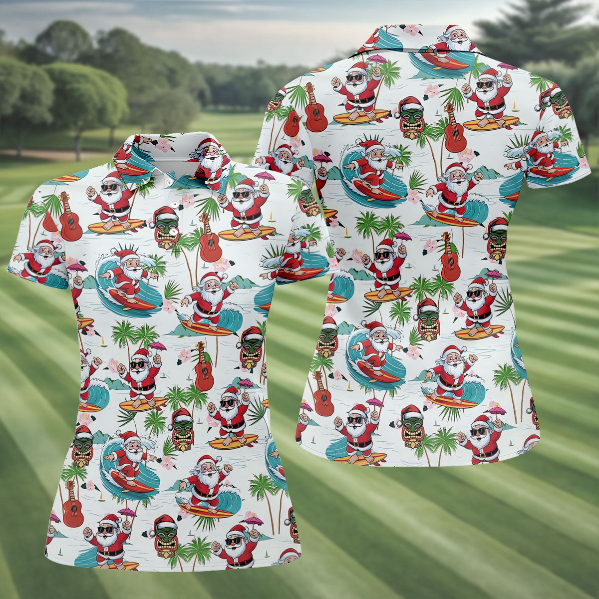Surfing Santa Tropical Christmas Golf Shirt, Christmas Golf Shirt, Women’s Golf Polo