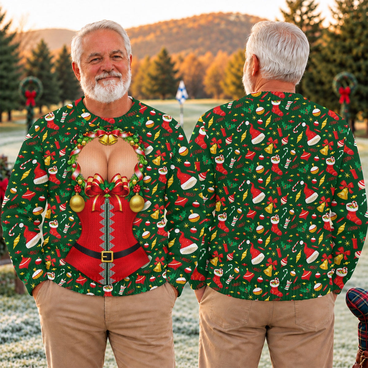 Christmas Corset Bow Print Sweater, Christmas Golf Shirt For Men, Ugly Christmas Sweater