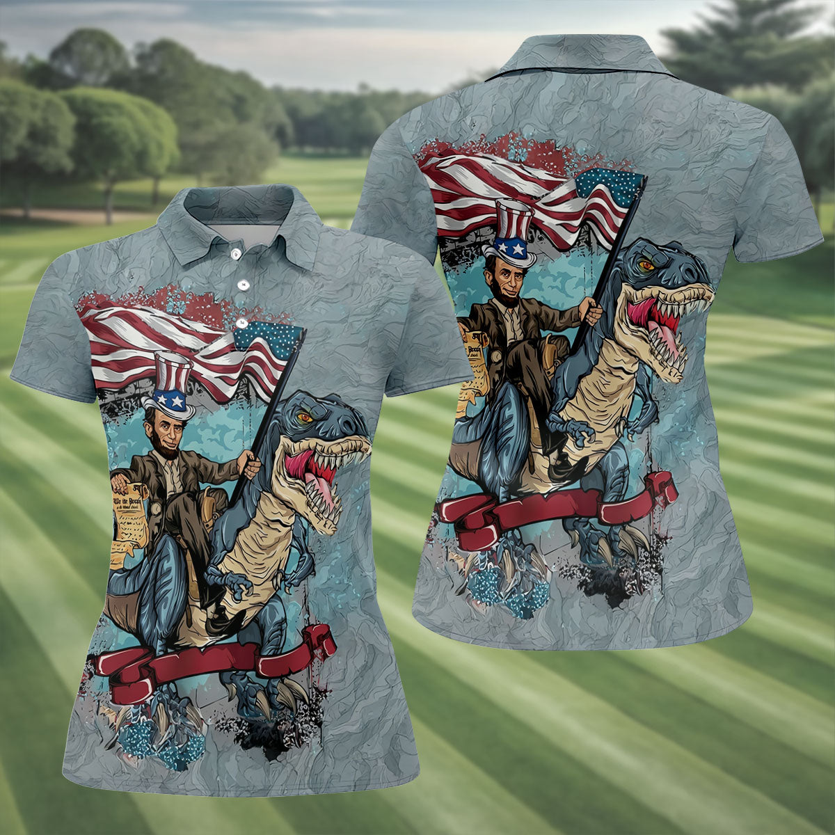 T-Rex Dinosaur US Flag Pattern 4th Of July Golf Shirt, Patriotic 250 Years Golf Shirt For Women