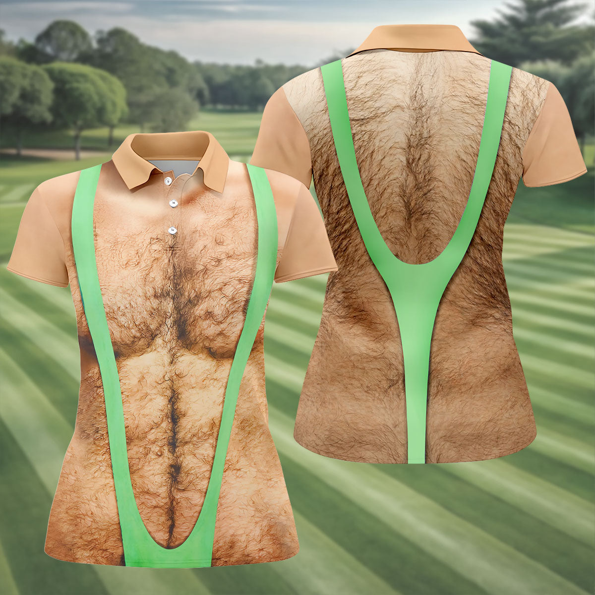 Funny Hairy Chest Illusion Golf Polo Shirt, Women's Golf Tops, Printed Golf Shirt