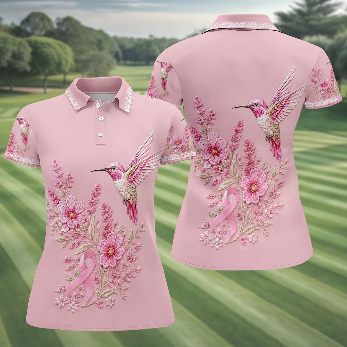 Hummingbird Floral Breast Cancer Ribbon Polo Shirt, Ladies Golf Tops, Golf Shirts For Women