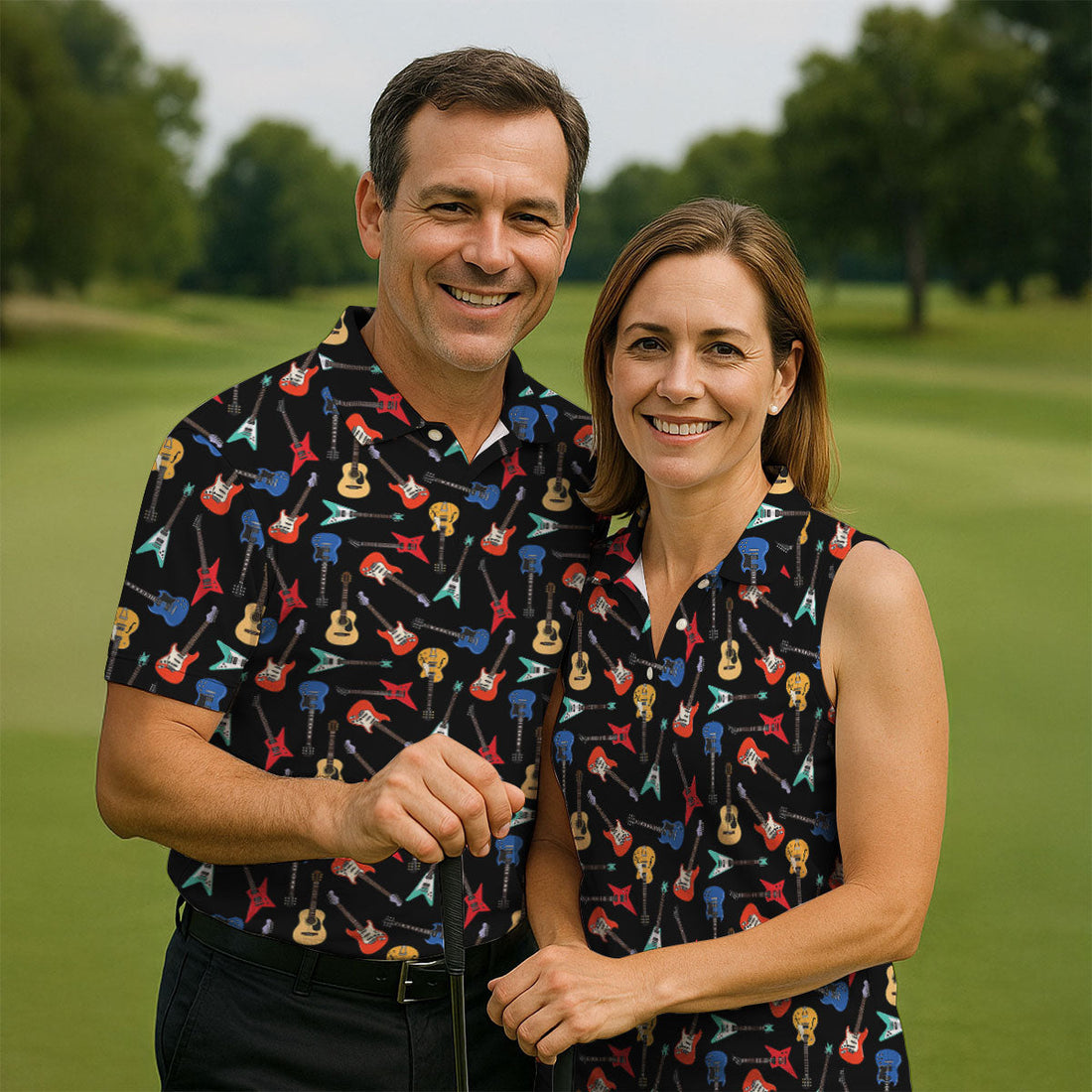 Guitar Pattern Hawaiian Golf Shirt, Music Lover Men's Golf Shirt, Polo Shirts For Men