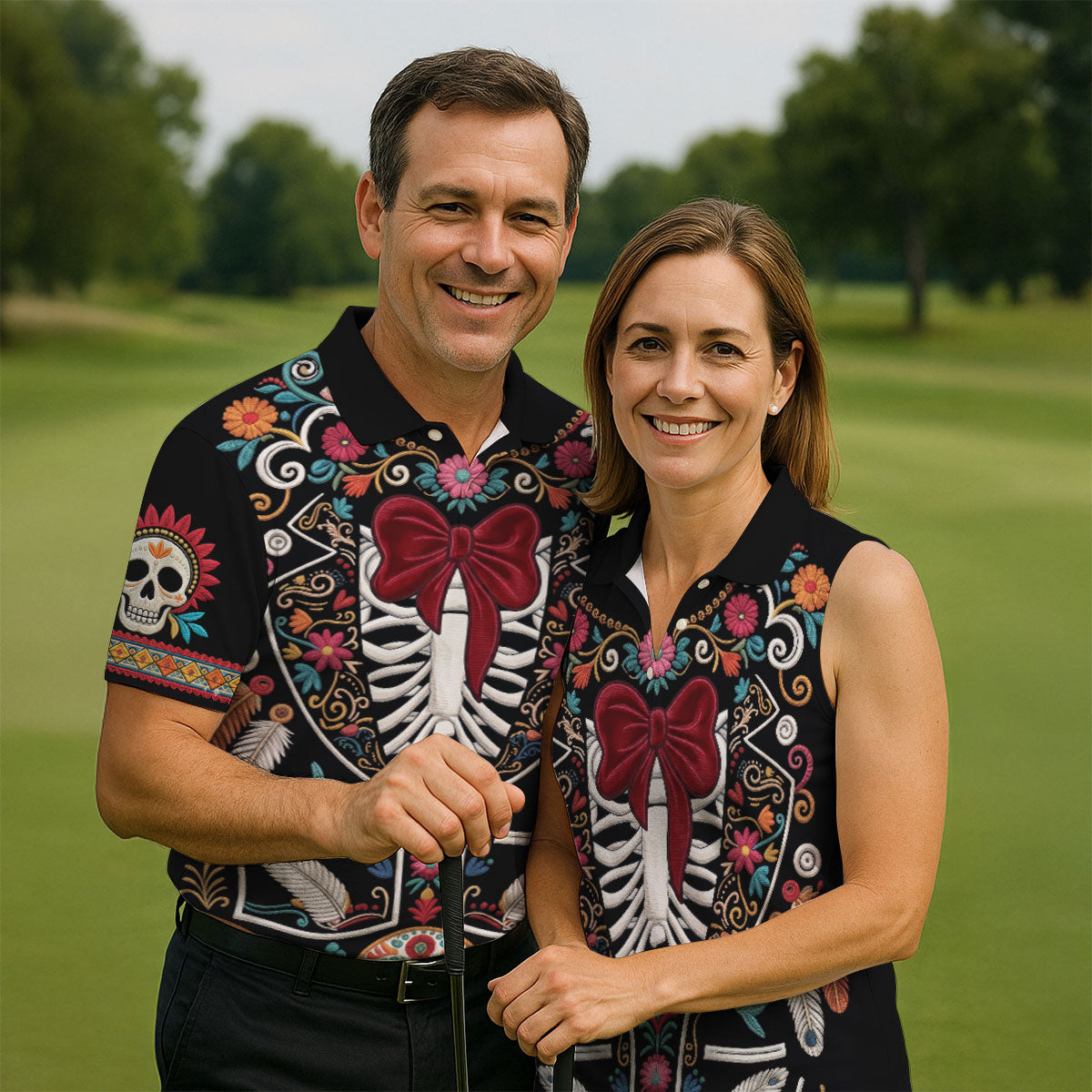 Skeleton With Flower Cinco De Mayo Celebration Golf Tops For Men, Fiesta Theme Golf Shirts For Men