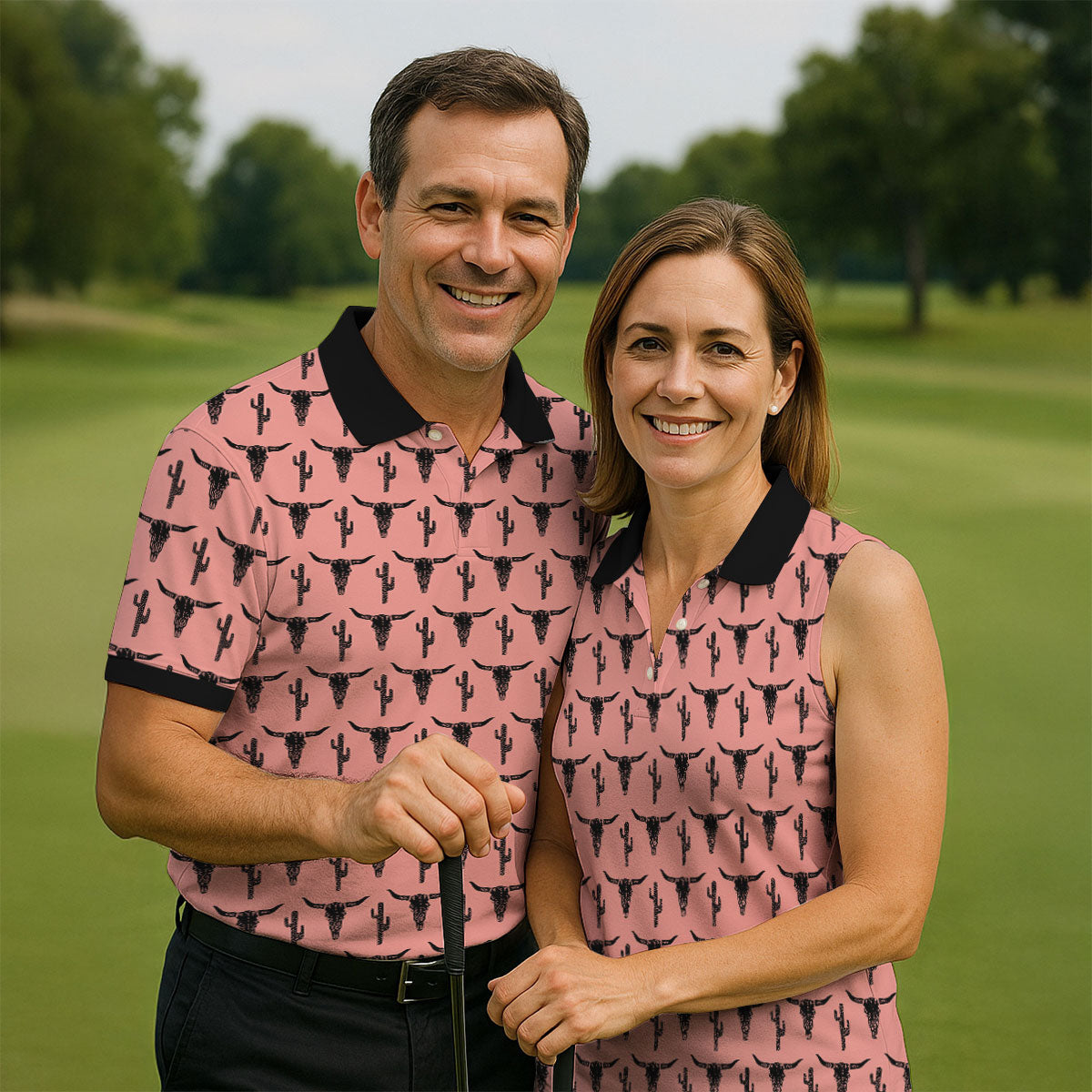 Longhorn Cow Skull Western Theme Peach Pink Golf Tops For Men, Polo Shirts For Men, Golf Shirts For Men