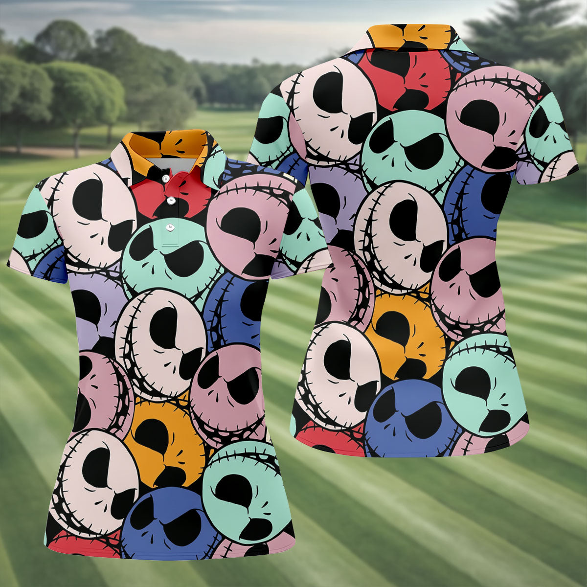 Colorful Cartoon Skull Halloween Golf Polo Shirt, Women’s Golf Polo, Ladies Golf Tops