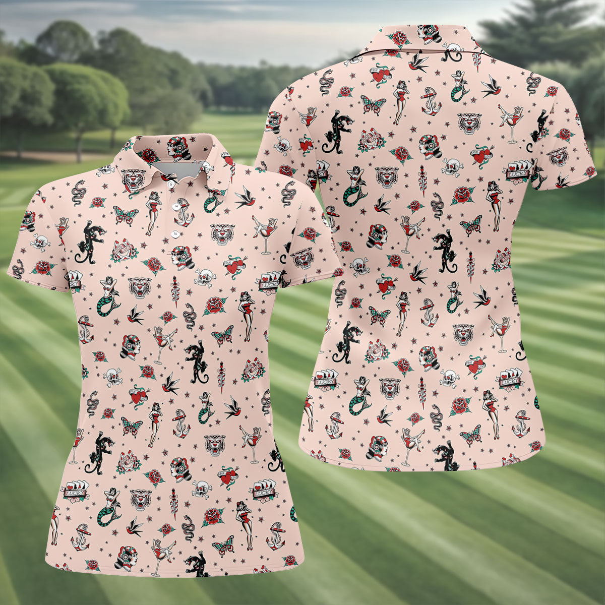 Vintage Tattoo Flash Icon Golf Polo Shirt, Golf Shirts For Women, Women's Golf Apparel