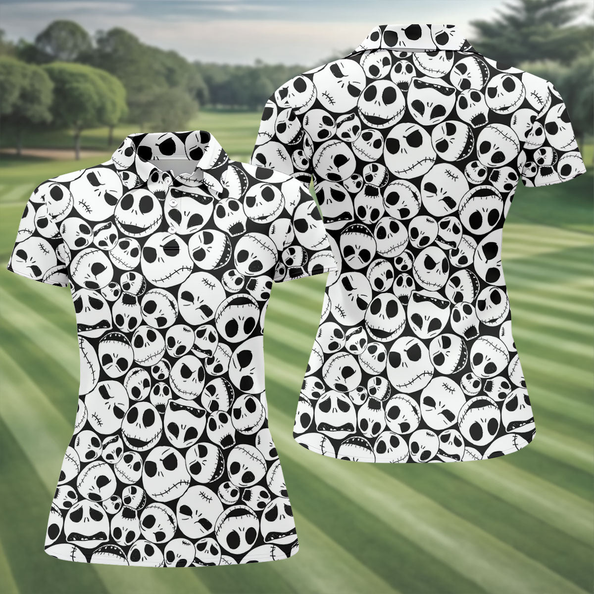 Horror Character Skull Face All Over Golf Polo Shirt, Women's Golf Apparel, Golf Shirts For Women