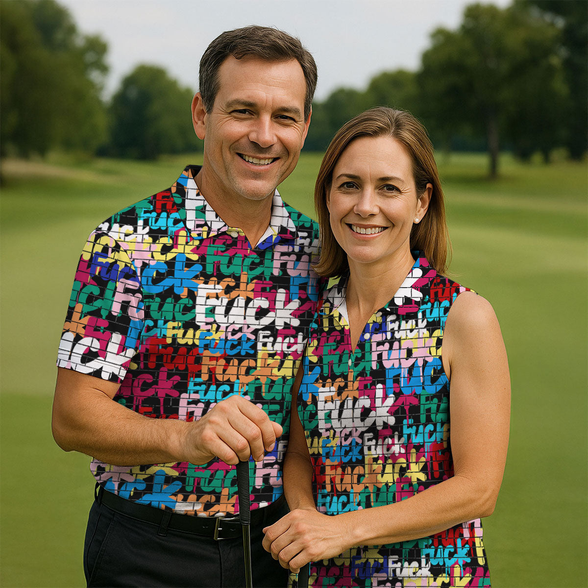 Bold Colorful Fuck Graffiti Typography Golf Shirt, Men's Golf Shirt, Golf Apparel For Men