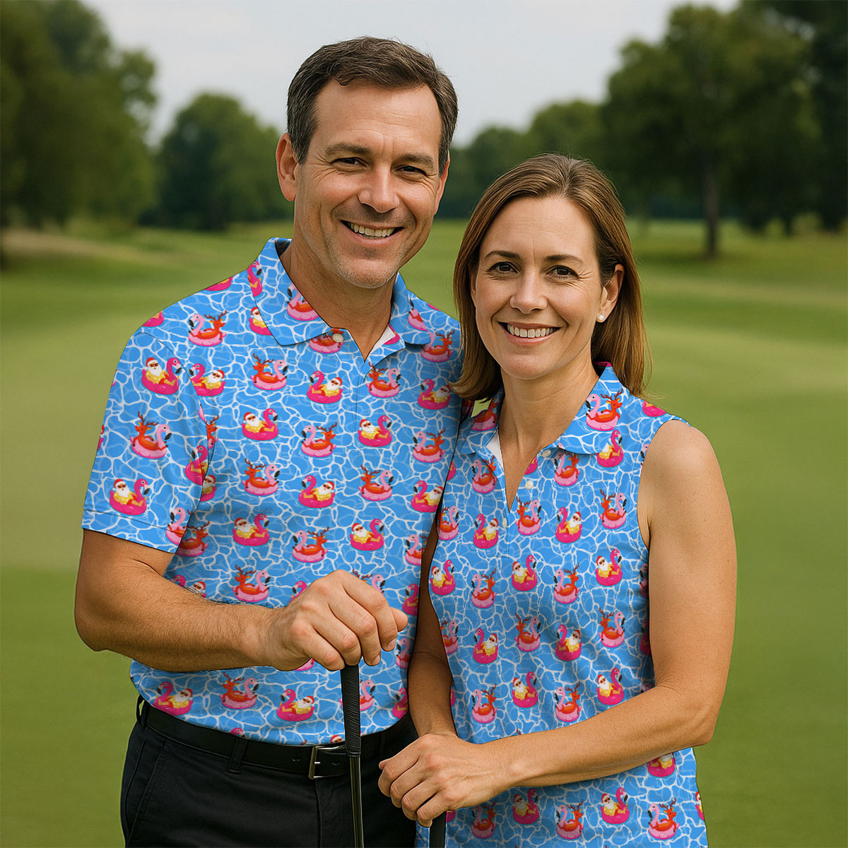 Santa Flamingo Pool Float Christmas Golf Shirt, Men's Golf Shirt, Hawaiian Golf Shirt, Printed Golf Shirts