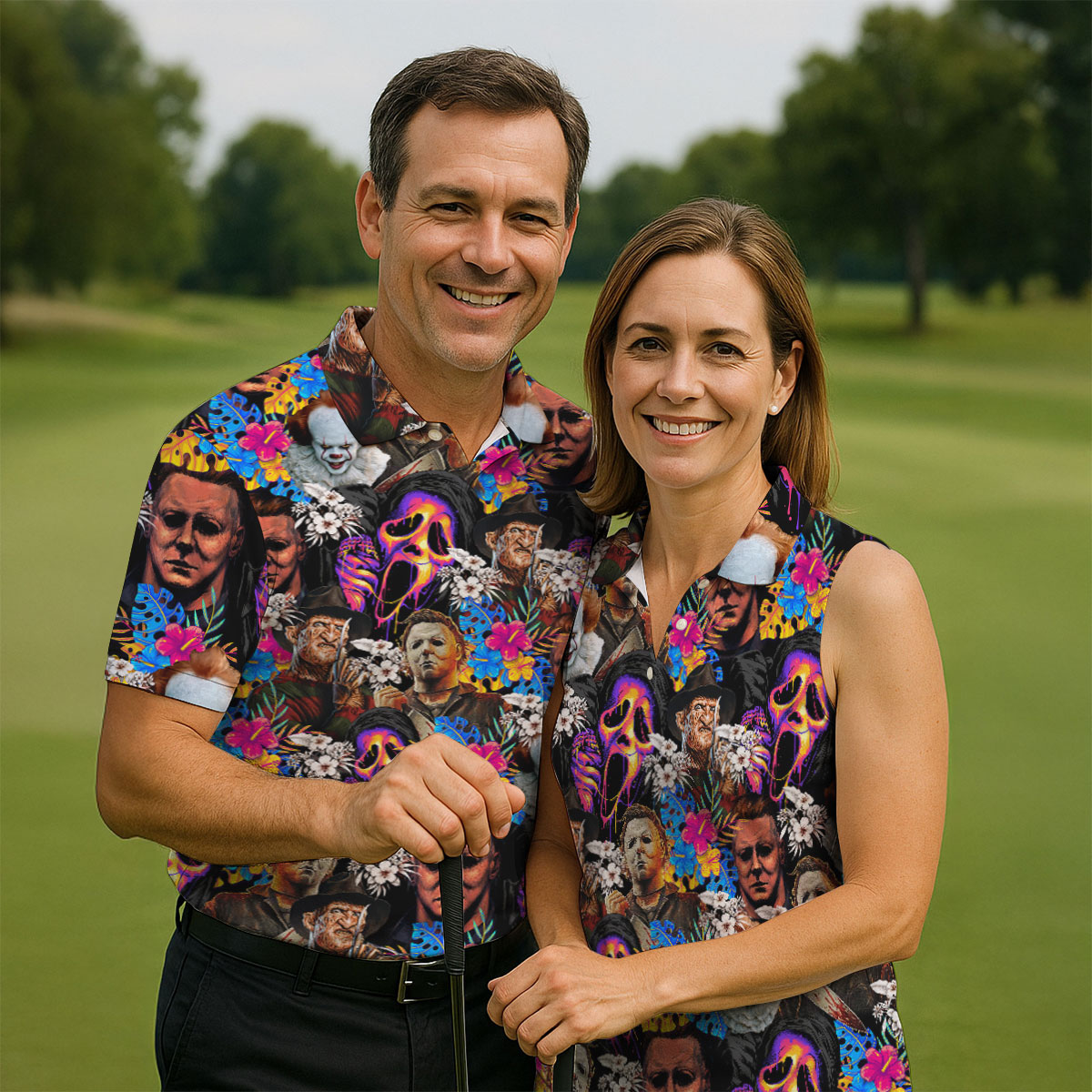 Tropical Horror Character Hawaiian Golf Shirt, Men's Golf Shirt, Halloween Golf Polo