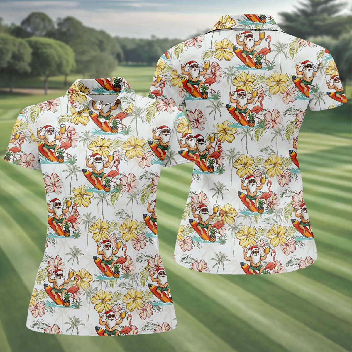 Surfing Santa Tropical Christmas Golf Polo Shirt, Golf Shirts For Women, Women's Golf Apparel