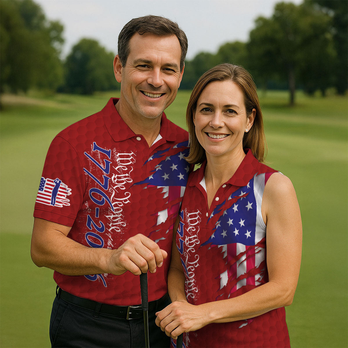 We The People Distressed American Flag Red Golf Shirt, 4th Of July Golf Shirts For Men