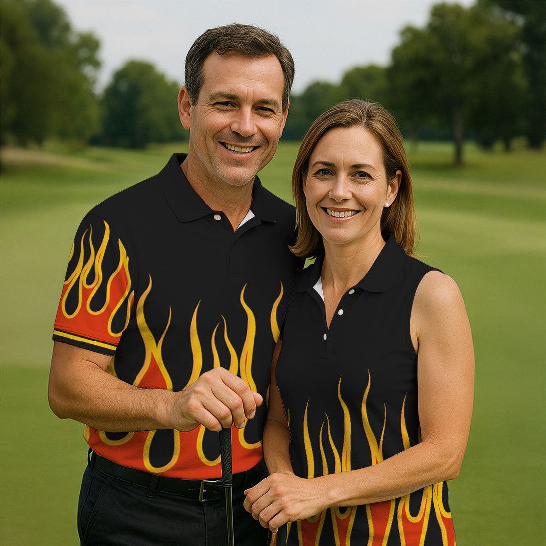 Black Orange Yellow Flame Sleeve Golf Shirt, Mens Golf Polo, Printed Golf Shirts