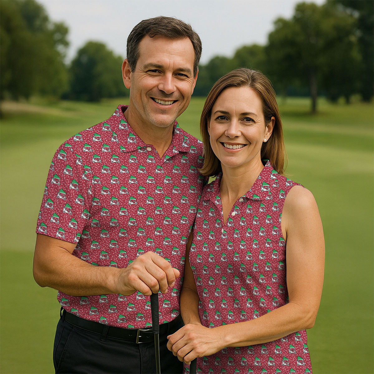 Christmas Golf Cart Pattern Red Men's Golf Tops, Christmas Golf Shirt, Polo Shirts For Men