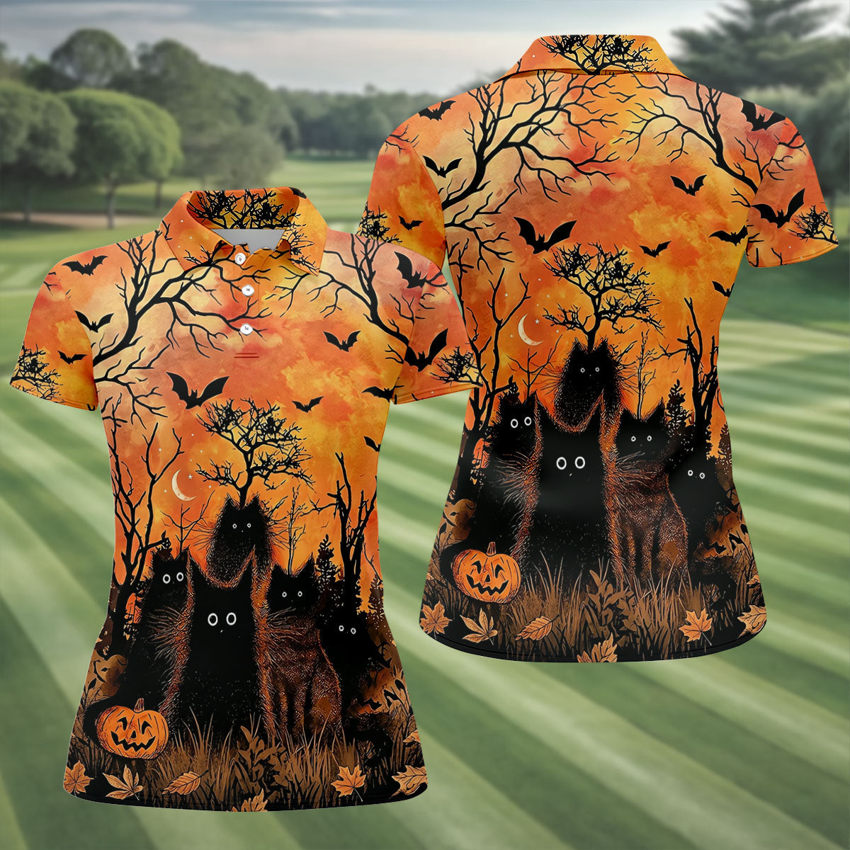 Spooky Black Cat Halloween Golf Polo Shirt, Women's Golf Polo, Ladies Golf Shirts