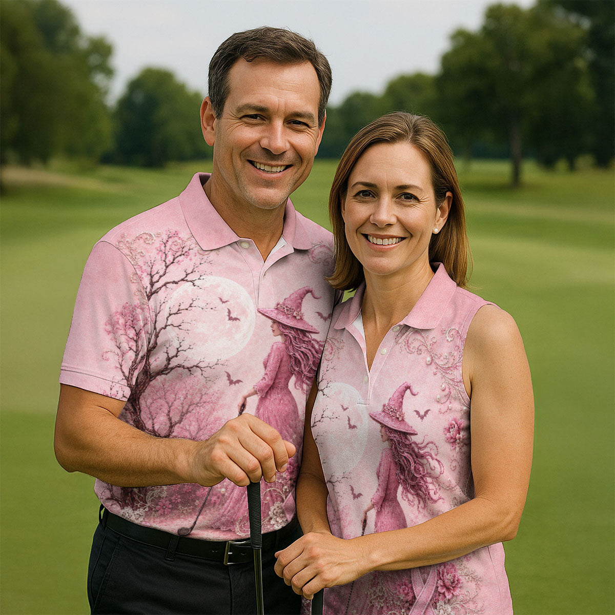 Breast Cancer Awareness Pink Witch Moon Mens Golf Polo, Polo Shirts For Men