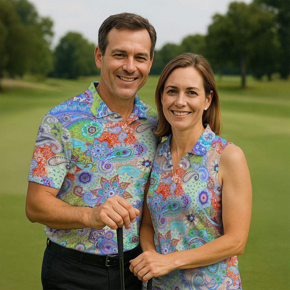 Colorful Boho Paisley Floral Pattern Golf Polo, Hawaiian Golf Shirt, Golf Apparel For Men