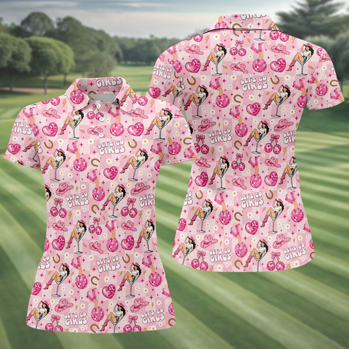Let's Go Girls Pink Cowgirl Golf Polo Shirt, Ladies Golf Tops, Women's Golf Apparel