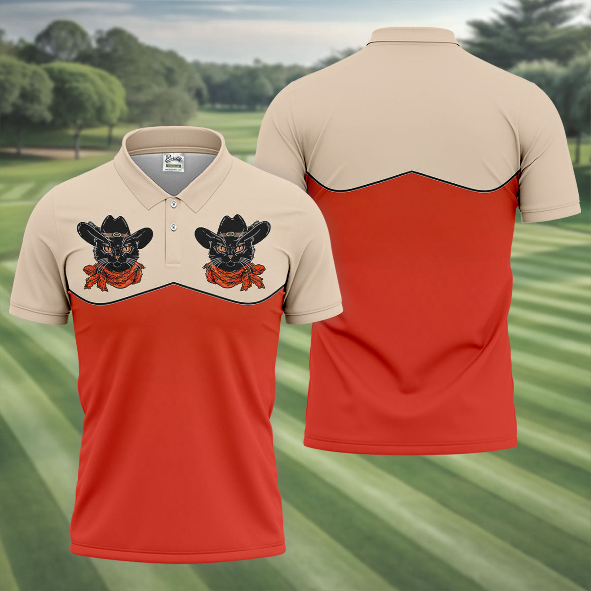 Red Western Cowboy Black Cat Golf Polo Shirt, Mens Golf Shirts, Polo Shirts For Men