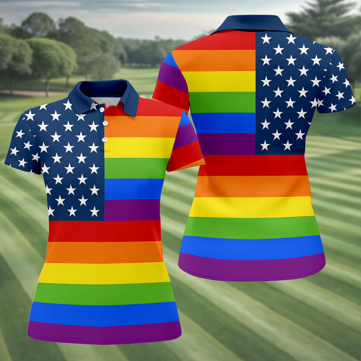 Gay Pride American Flag Ladies Golf Tops, Pride Month Golf Shirt For Women