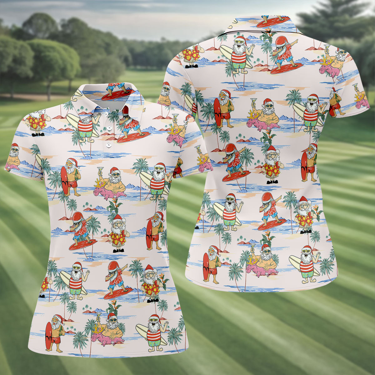 Funny Tropical Santa Christmas Golf Shirt, Women's Golf Tops, Hawaiian Golf Shirt, Printed Golf Shirt